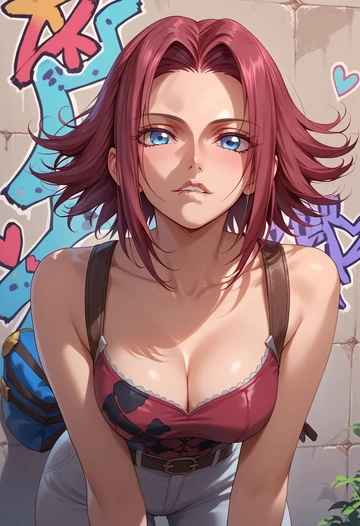 code_geass,kallen_stadtfeld,patchwork graffiti top,dolphin shorts  - AI generated anime art