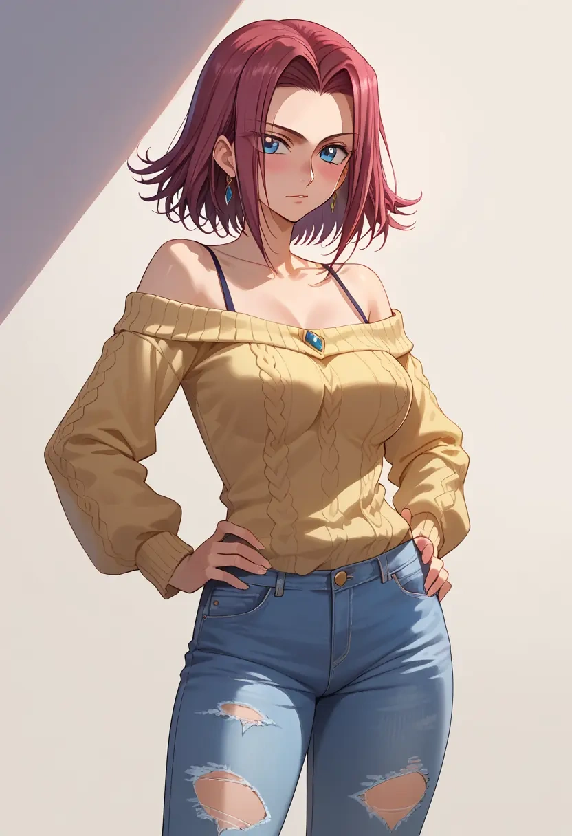 code_geass,kallen_stadtfeld,sweater,off-shoulder,ripped jeans  - 