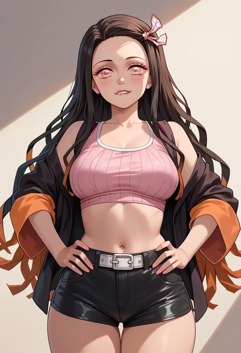 kimetsu_no_yaiba,kamado_nezuko,leather,shorts,crop top  - 