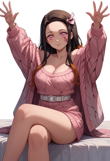 kimetsu_no_yaiba,kamado_nezuko,cross-legged,off-shoulder,sweater,stockings  - AI generated anime art