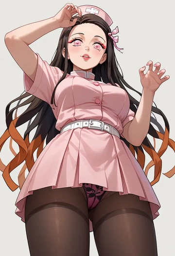 kimetsu_no_yaiba,kamado_nezuko,nurse pantyhose,mini skirt, sexy  - AI generated anime art