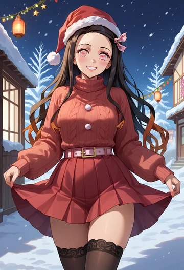 kimetsu_no_yaiba,kamado_nezuko,sweater,stockings,Thigh garters  - AI generated anime art