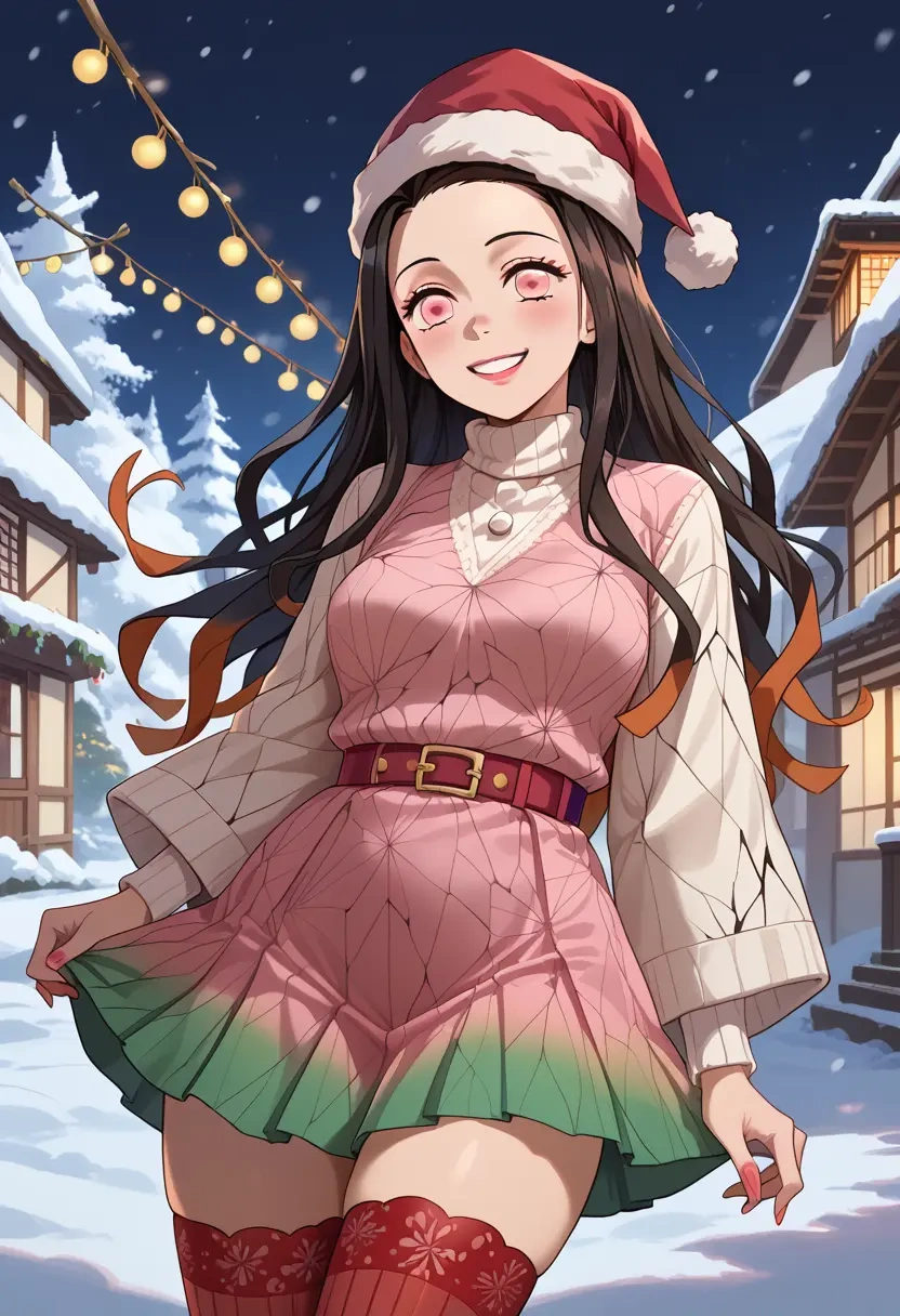 kimetsu_no_yaiba,kamado_nezuko,Christmas,sweater dress,stockings  - 