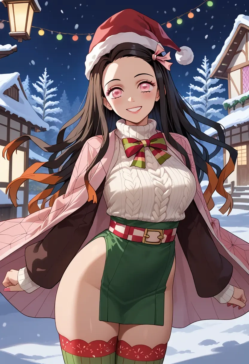 kimetsu_no_yaiba,kamado_nezuko,Christmas,sweater dress,stockings  - 