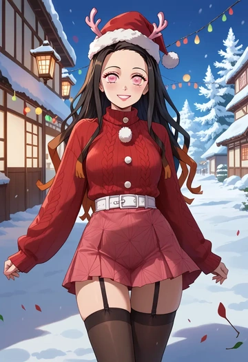 kimetsu_no_yaiba,kamado_nezuko,sweater,stockings,Thigh garters  - AI generated anime art