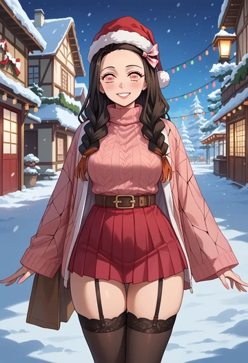 kimetsu_no_yaiba,kamado_nezuko,sweater,stockings,Thigh garters  - AI generated anime art