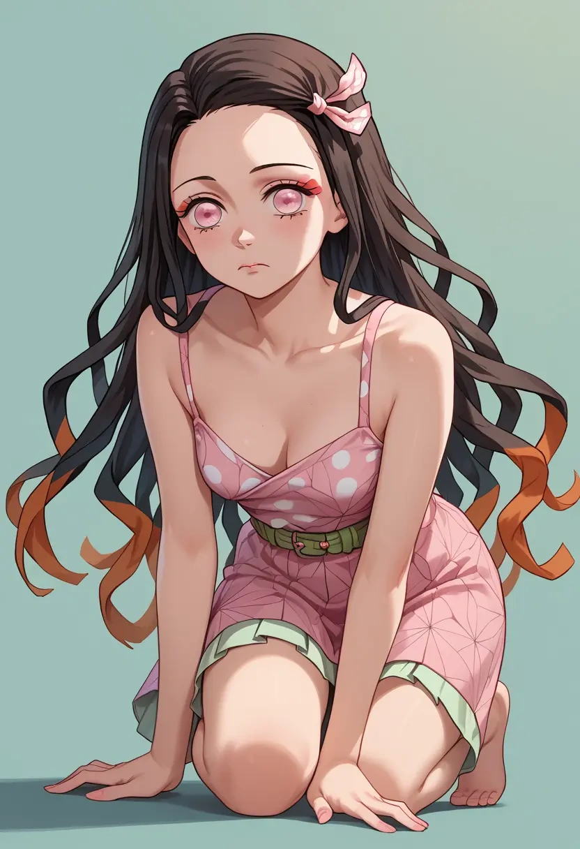 kimetsu_no_yaiba,kamado_nezuko,silk slip dress,polka dots  - 