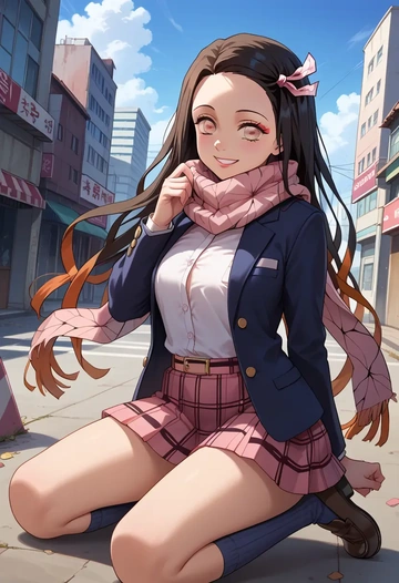 kimetsu_no_yaiba,kamado_nezuko,winter,student uniform,plaid skirt  - AI generated anime art