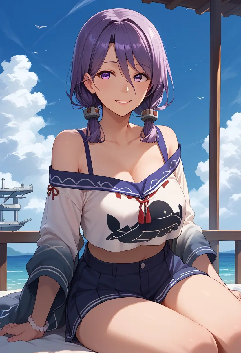 kantai_collection,kamikaze_(kancolle),off-shoulder top,dolphin shorts  - 