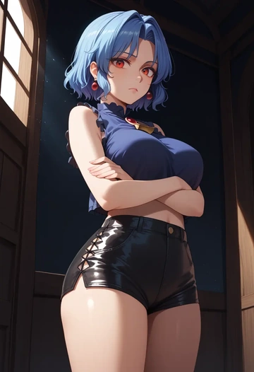 touhou,kamishirasawa_keine,leather,shorts,crop top  - AI generated anime art