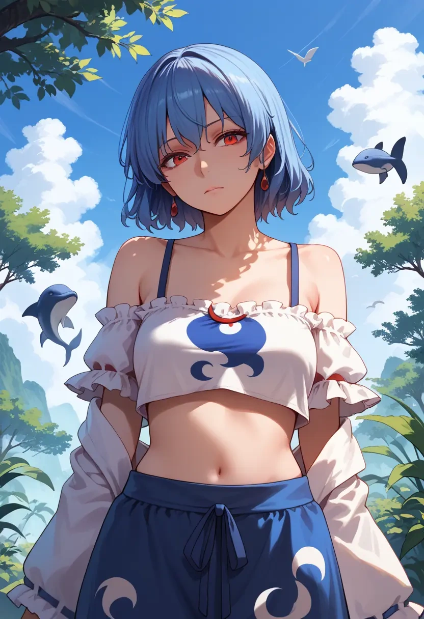 touhou,kamishirasawa_keine,off-shoulder top,dolphin shorts  - 