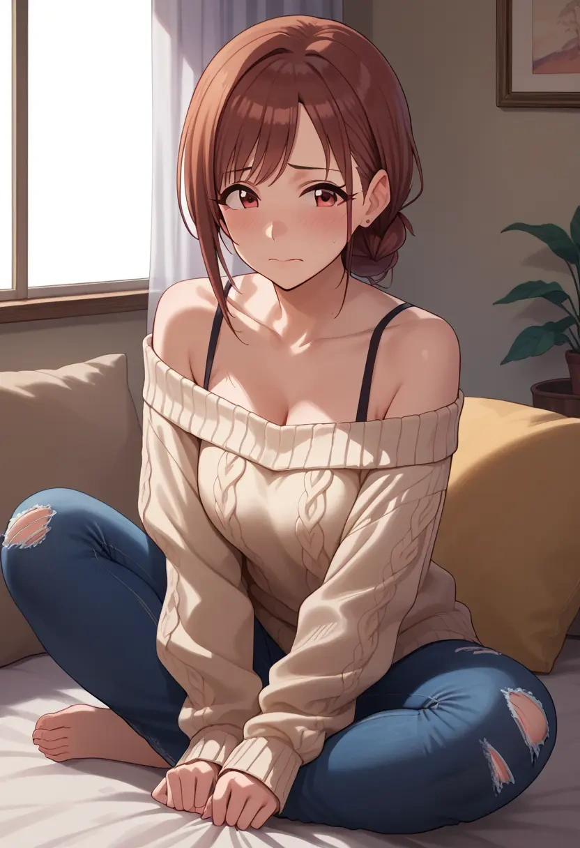 idolmaster,kamiya_nao,sweater,off-shoulder,ripped jeans  - 