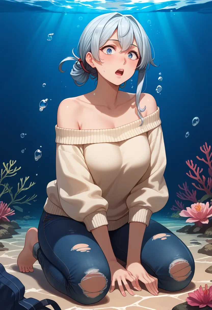 kantai_collection,kamoi_(kancolle),sweater,off-shoulder,ripped jeans  - 