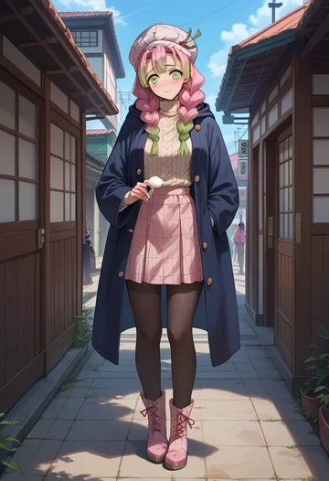 kimetsu_no_yaiba,kanroji_mitsuri,winter,student uniform,hooded coat  - AI generated anime art