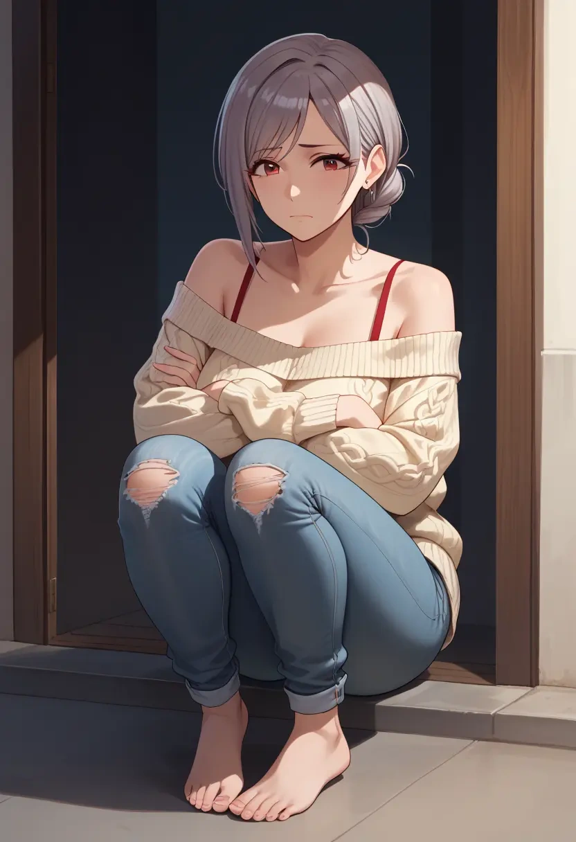 idolmaster,kanzaki_ranko,sweater,off-shoulder,ripped jeans  - 