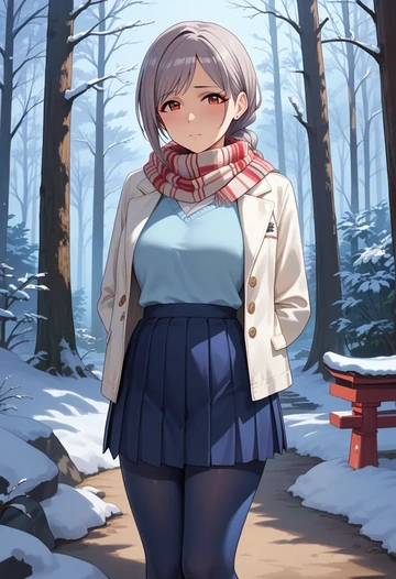 idolmaster,kanzaki_ranko,winter,student uniform,puffer jacket  - AI generated anime art