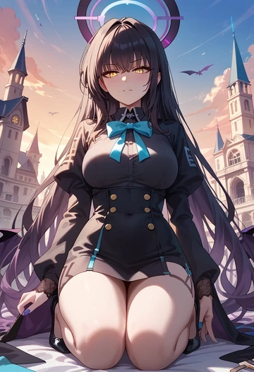 blue_archive,karin_(blue_archive),witch blouse,asymmetrical skirt,striped stockings  - AI generated anime art