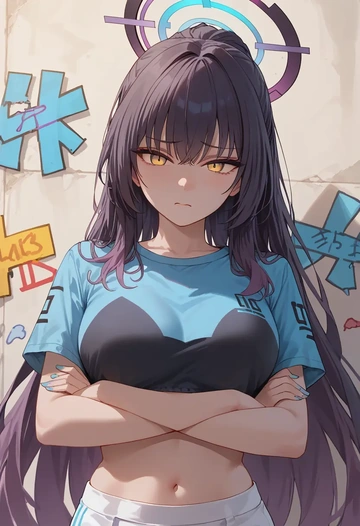 blue_archive,karin_(blue_archive),cropped graffiti sweatshirt,dolphin shorts  - AI generated anime art