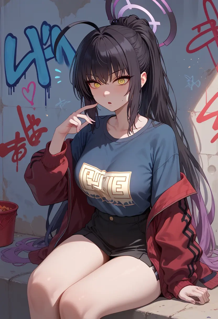 blue_archive,karin_(blue_archive),oversized graffiti shirt,dolphin shorts  - 