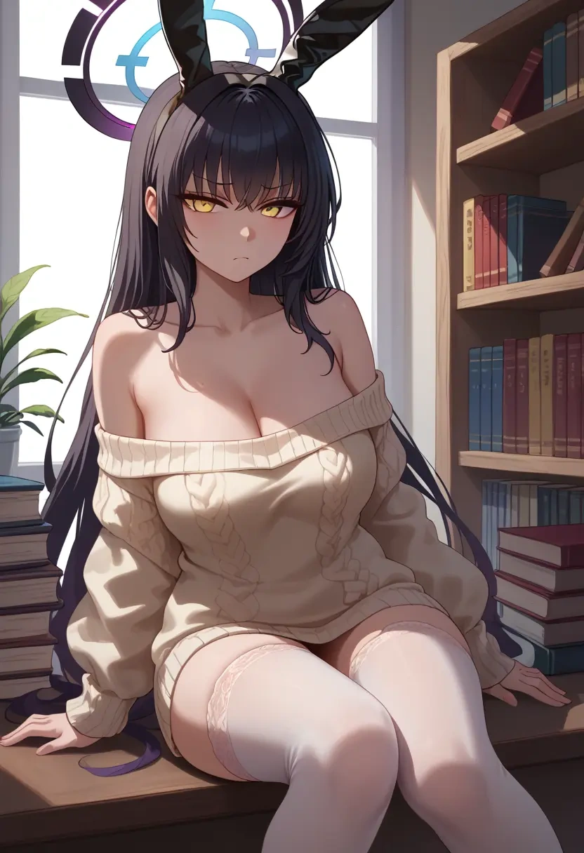 blue_archive,karin_(bunny)_(blue_archive),Pouting,off-shoulder,sweater,stockings  - 