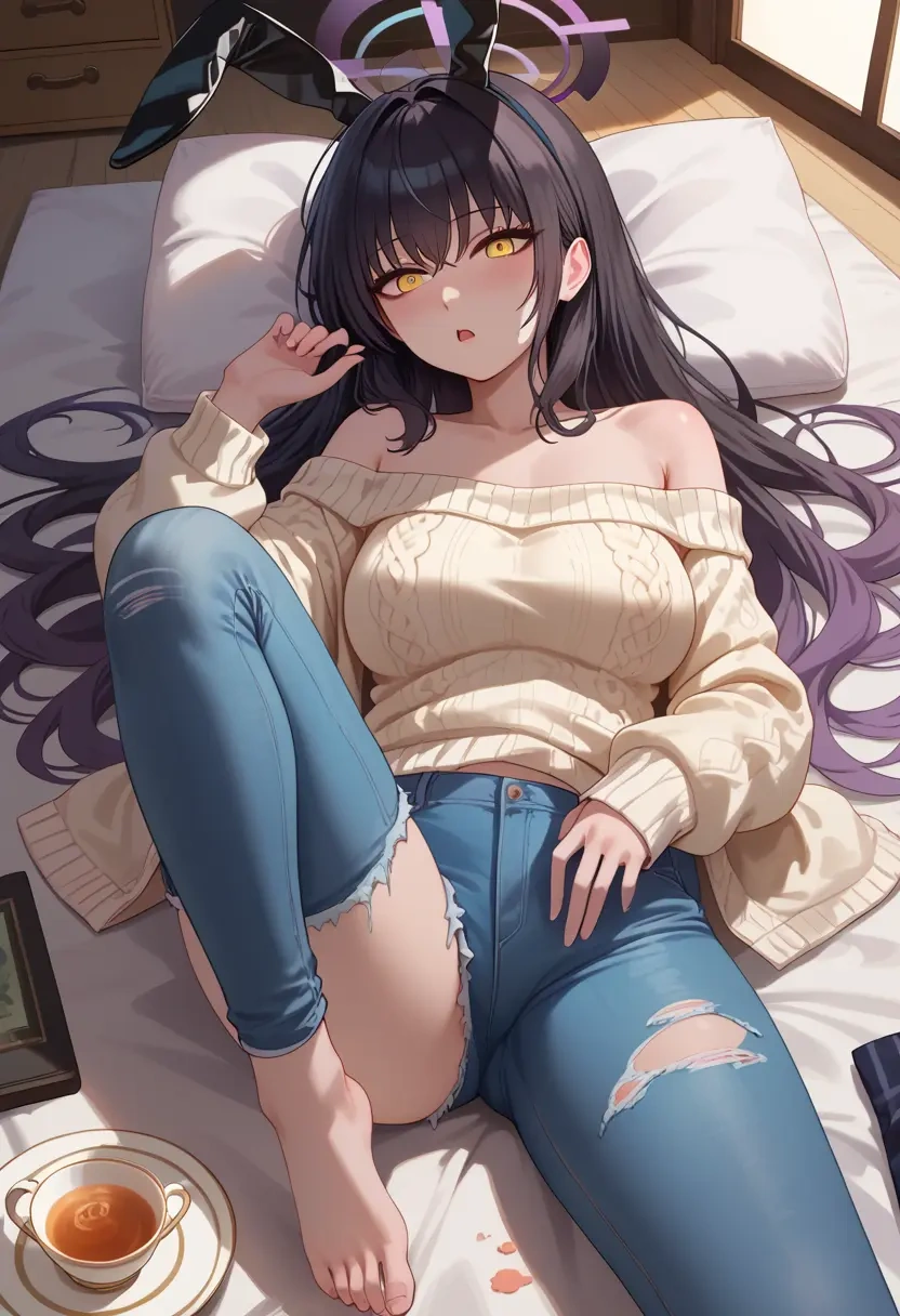 blue_archive,karin_(bunny)_(blue_archive),sweater,off-shoulder,ripped jeans  - 