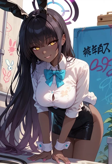 blue_archive,karin_(bunny)_(blue_archive),floral graffiti blouse,dolphin shorts  - AI generated anime art