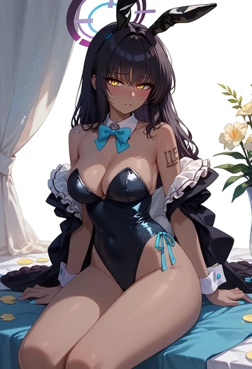 blue_archive,karin_(bunny)_(blue_archive),retro style swimsuit,frilled neckline,bow detail  - AI generated anime art