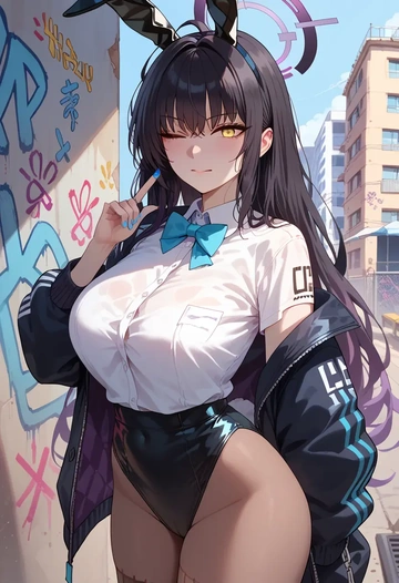 blue_archive,karin_(bunny)_(blue_archive),patchwork graffiti top,dolphin shorts  - AI generated anime art