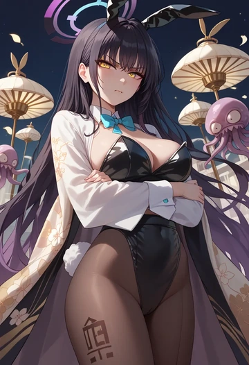 blue_archive,karin_(bunny)_(blue_archive),kimono,silk,wide-leg trousers  - AI generated anime art