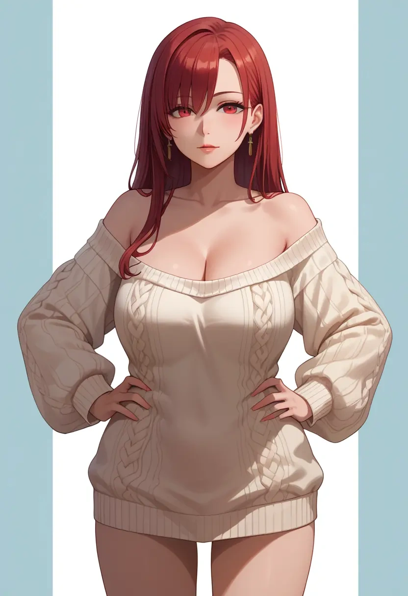 utau,kasane_teto,Hands on hips,off-shoulder,sweater  - 