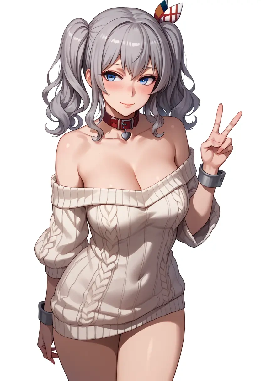 kantai_collection,kashima_(kancolle),blushing,collar,peace sign,off-shoulder,sweater  - 