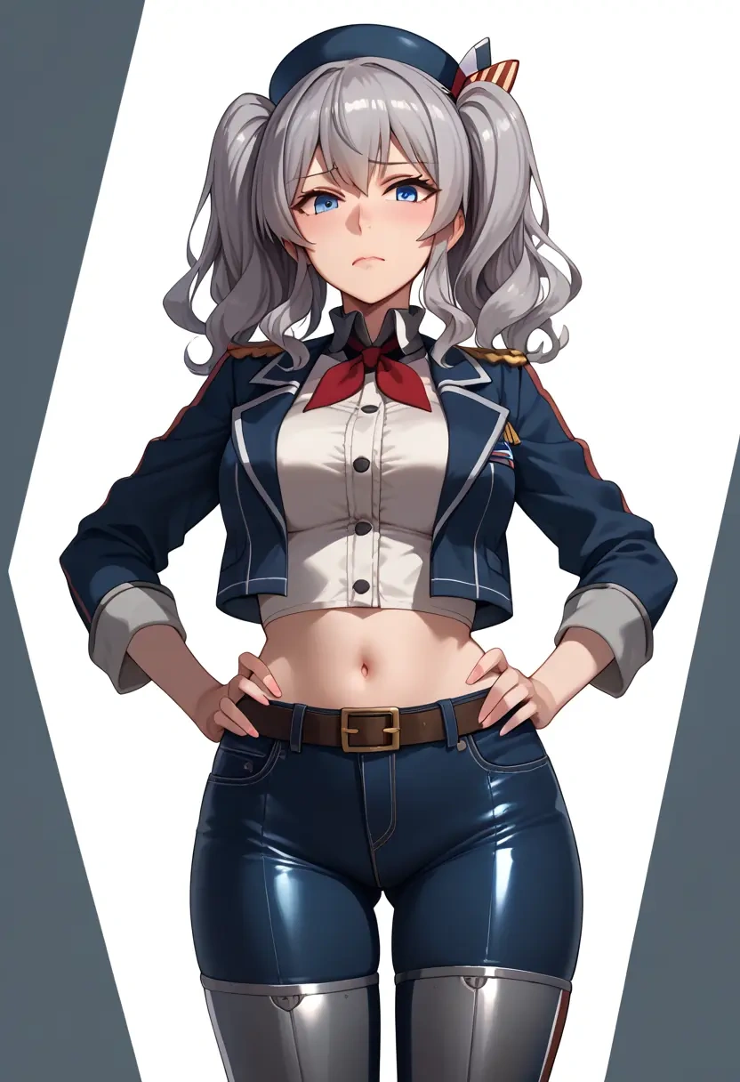 kantai_collection,kashima_(kancolle),denim jacket,cropped,leather leggings  - 