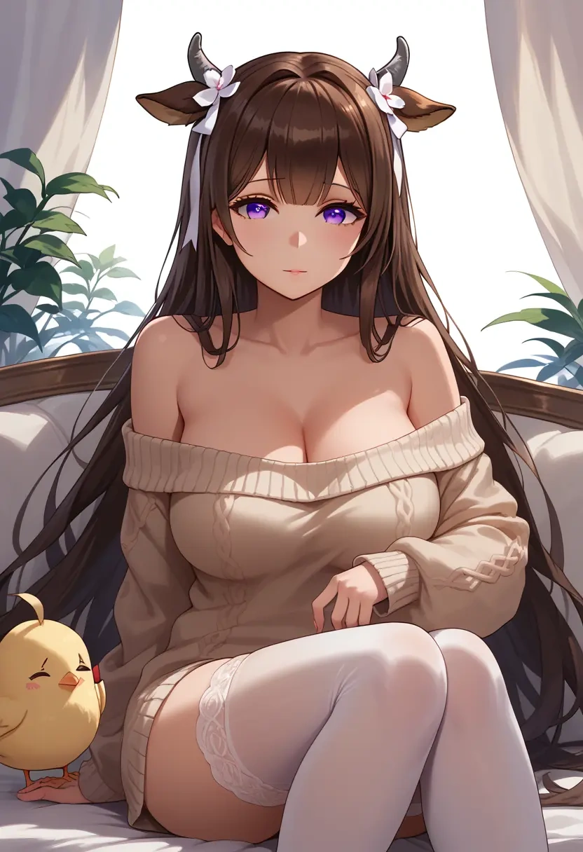 azur_lane,kashino_(azur_lane),cross-legged,Head resting on hand,off-shoulder,sweater  - 