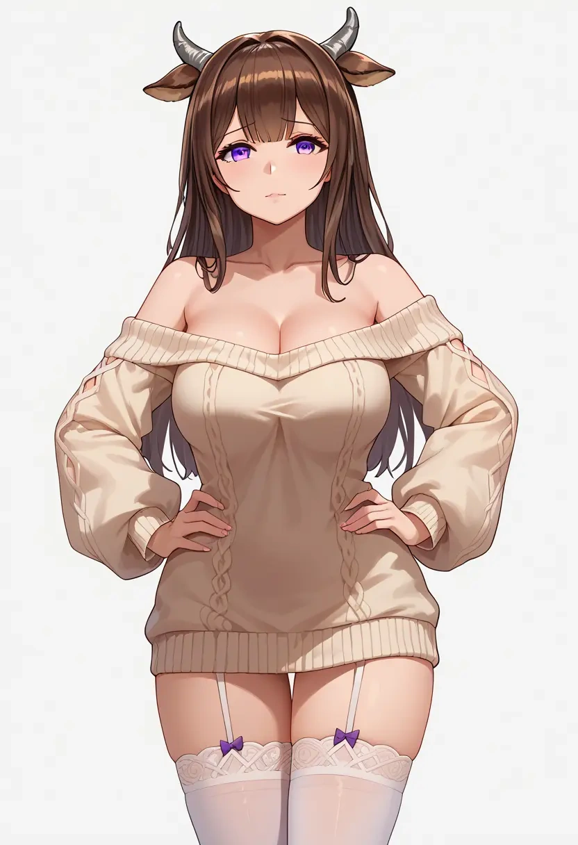 azur_lane,kashino_(azur_lane),Hands on hips,off-shoulder,sweater,stockings  - 