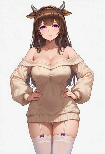 azur_lane,kashino_(azur_lane),Hands on hips,off-shoulder,sweater,stockings  - AI generated anime art