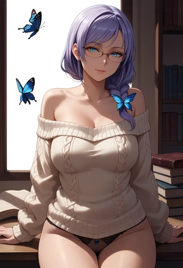 boku_wa_tomodachi_ga_sukunai,kashiwazaki_sena,off-shoulder,panties,glasses,sweater  - AI generated anime art