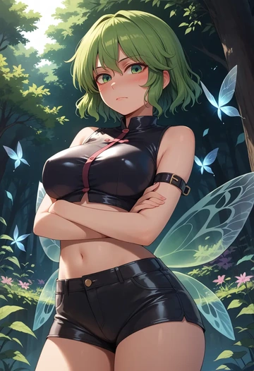 touhou,kasodani_kyouko,leather,shorts,crop top  - AI generated anime art