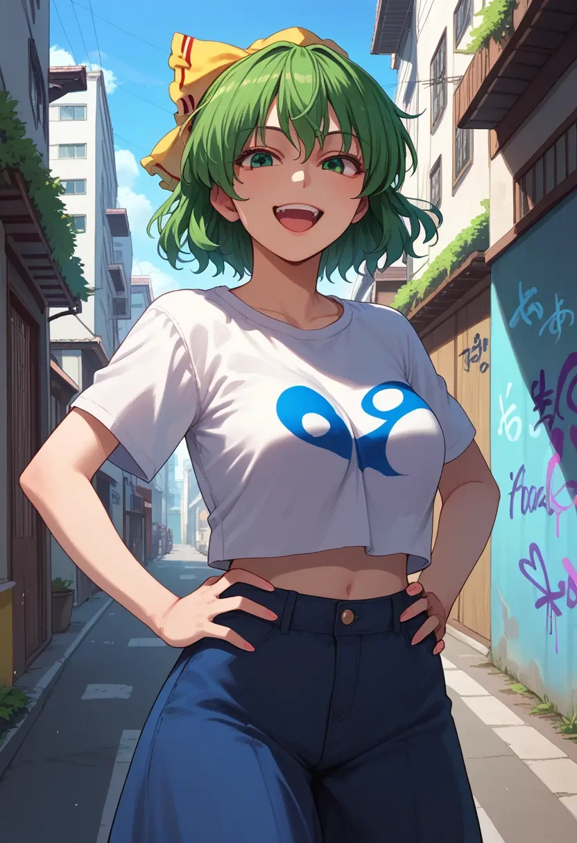 touhou,kasodani_kyouko,crop graffiti tee,dolphin shorts  - 