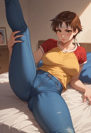 street_fighter,kasugano_sakura,jeans shorts,spread legs,one leg up,sexy  - AI generated anime art