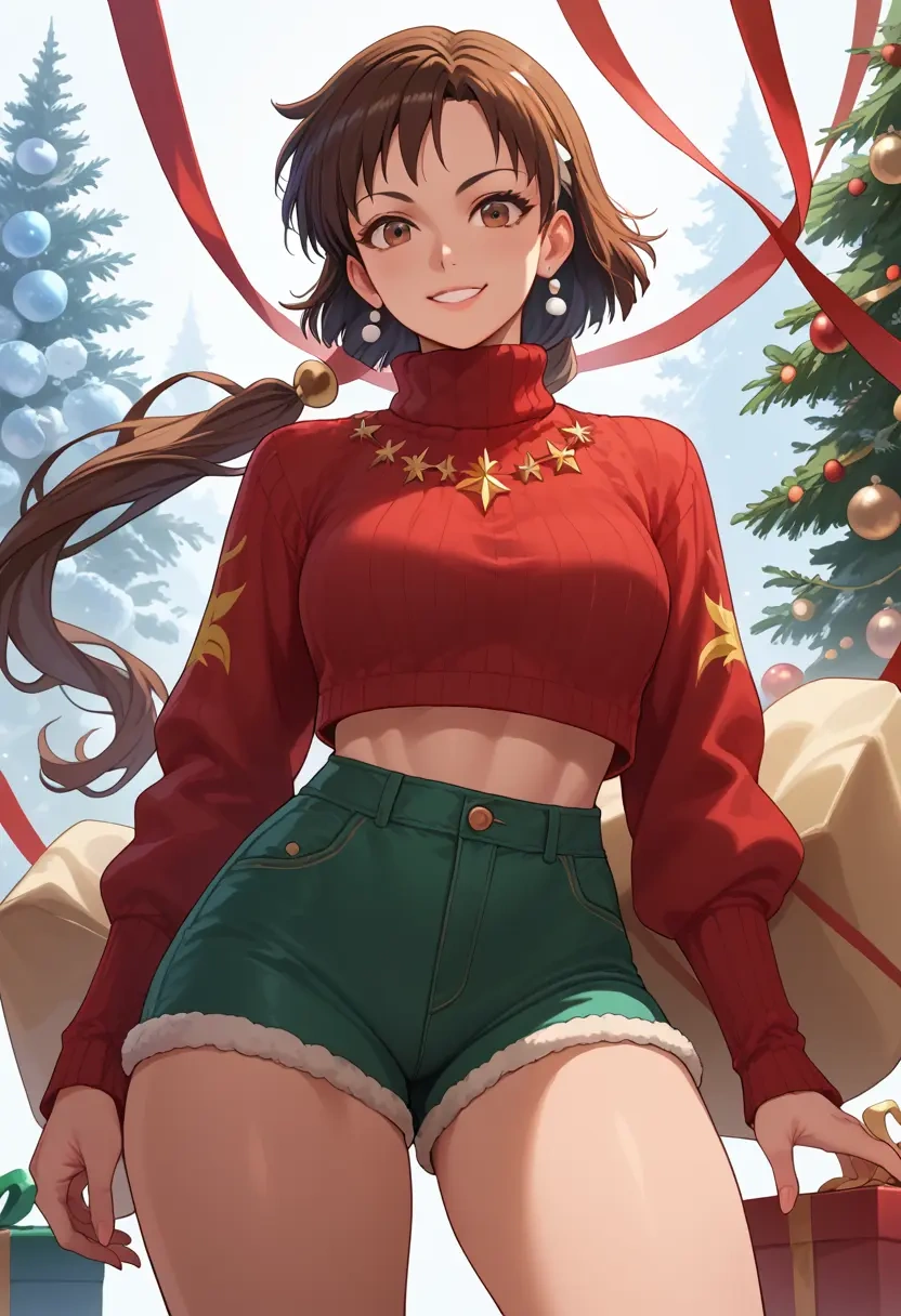 street_fighter,kasugano_sakura,Christmas,red velvet shorts,turtleneck sweater  - 