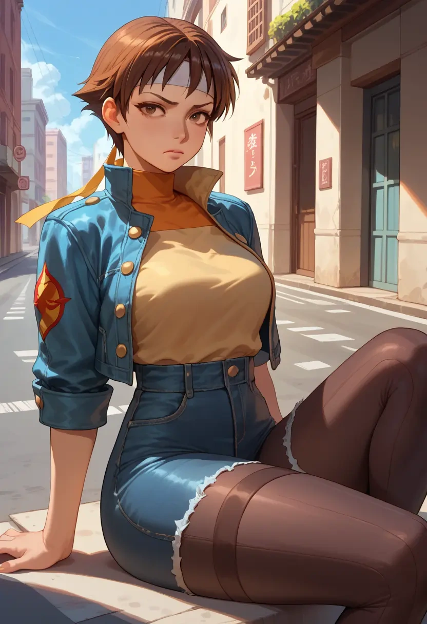 street_fighter,kasugano_sakura,denim jacket,cropped,leather leggings  - 