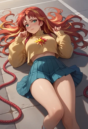 street_fighter,kasugano_sakura,sweater,cropped,pleated midi skirt  - AI generated anime art