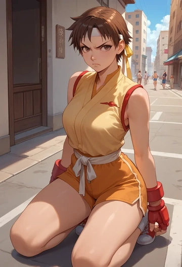 street_fighter,kasugano_sakura,sleeveless swim top,shorts-style bottom,contrast stitching  - AI generated anime art