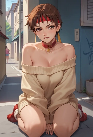 street_fighter,kasugano_sakura,sweater,off-shoulder,collar  - AI generated anime art