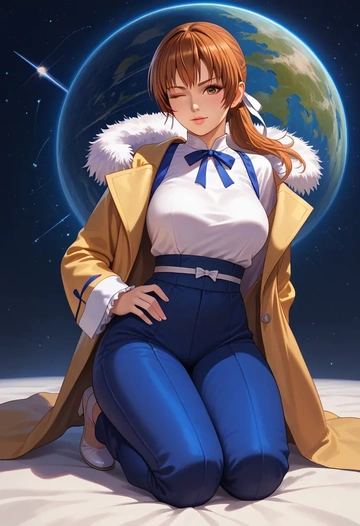 dead_or_alive,kasumi_(doa),coat,fur-collar,tailored trousers  - AI generated anime art