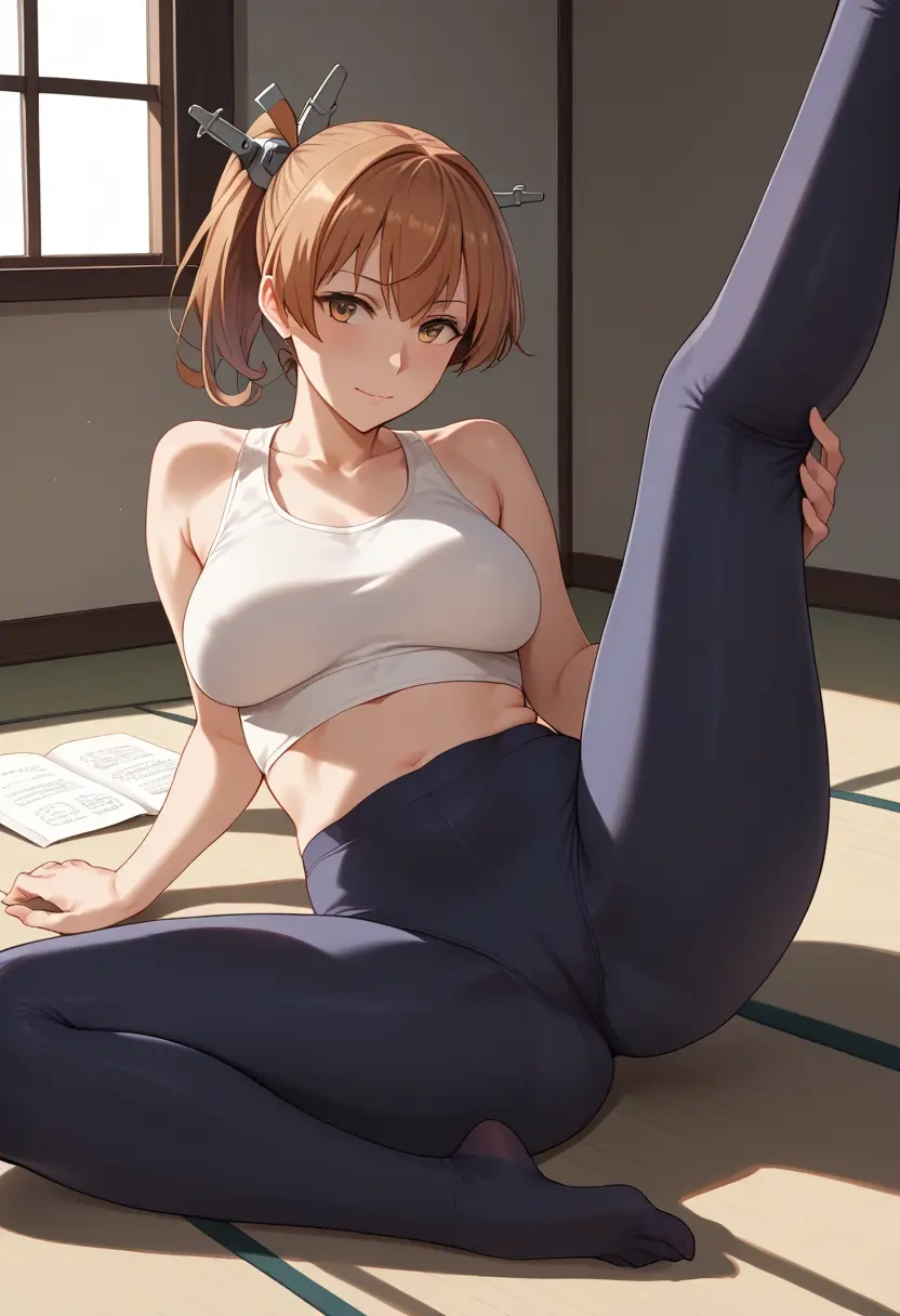 kantai_collection,kasumi_(kancolle),yoga, leggings,spread legs,one leg up,sexy  - 