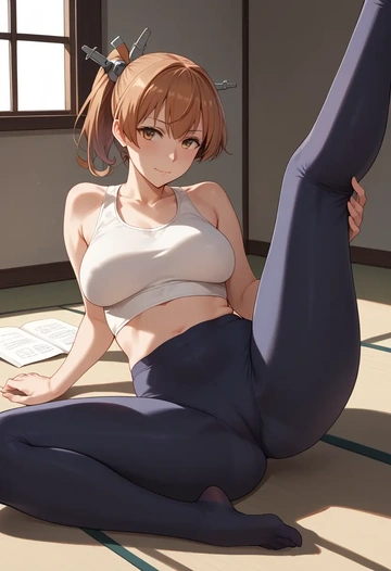 kantai_collection,kasumi_(kancolle),yoga, leggings,spread legs,one leg up,sexy  - AI generated anime art