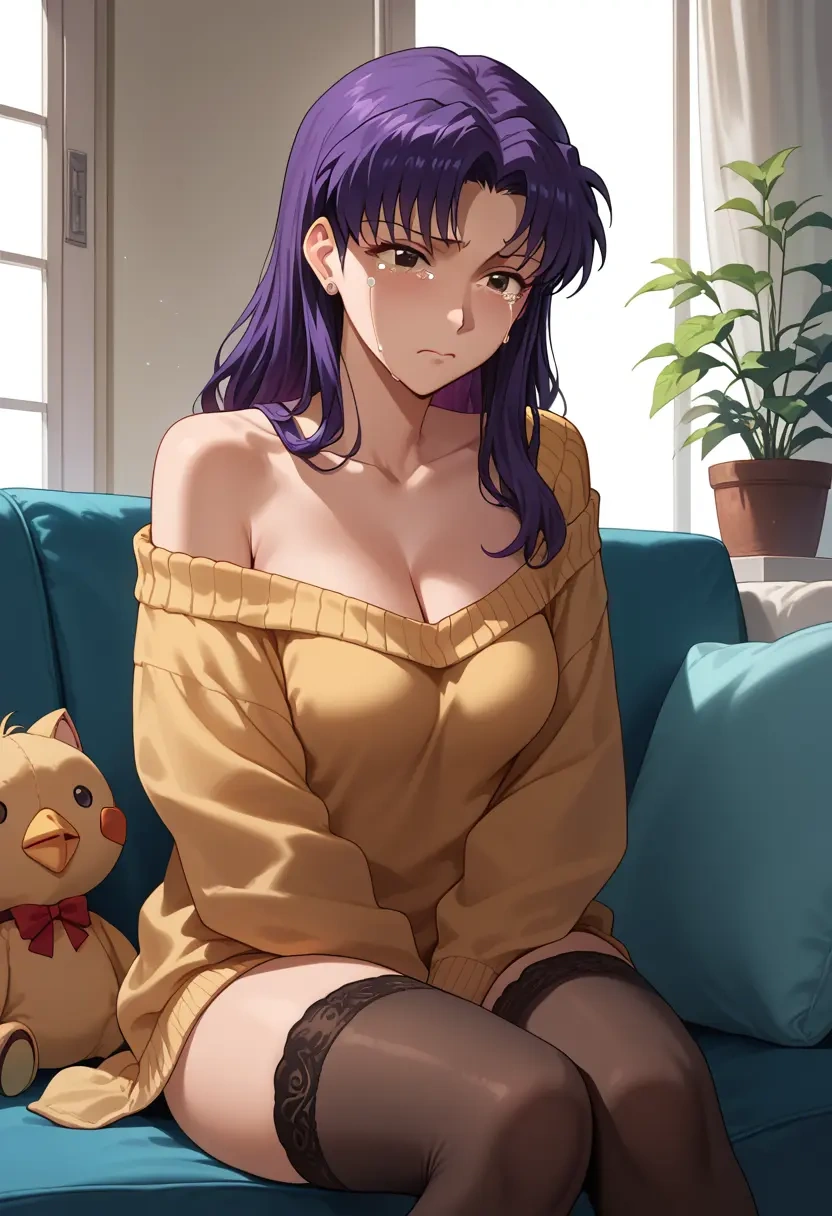 neon_genesis_evangelion,katsuragi_misato,Pouting ,Teary-eyed,off-shoulder,sweater  - 