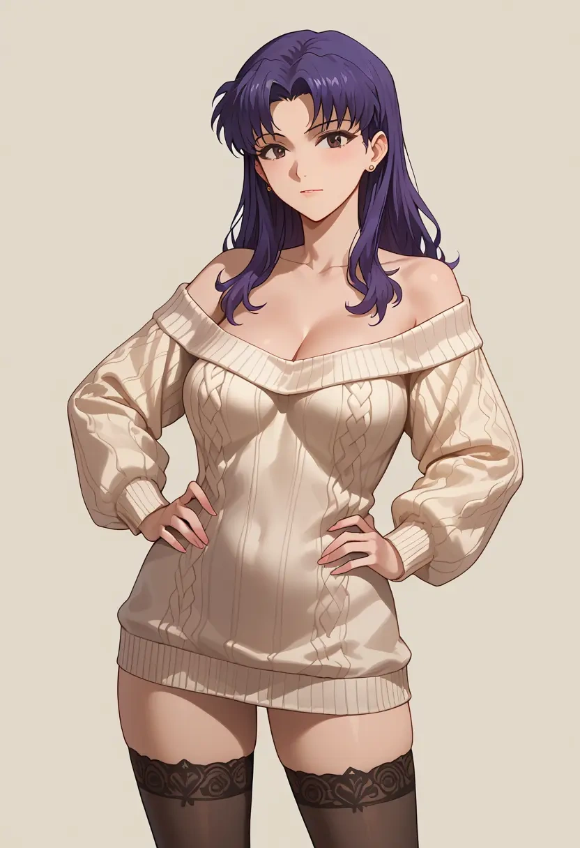 neon_genesis_evangelion,katsuragi_misato,Hands on hips,off-shoulder,sweater,stockings  - 