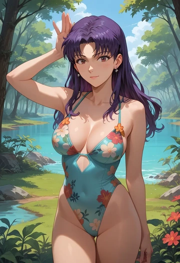 neon_genesis_evangelion,katsuragi_misato,swimsuit,floral print  - AI generated anime art